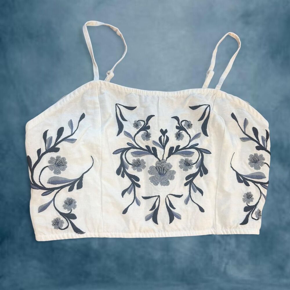 Midnight Sky Cotton Flax blend boho white blue floral crop top- size medium